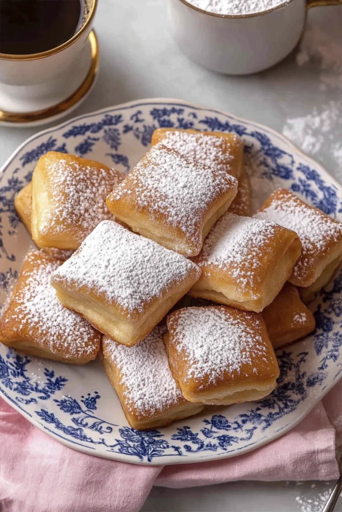 Fluffy beignets covered in powdered sugar on a vintage plate with coffee