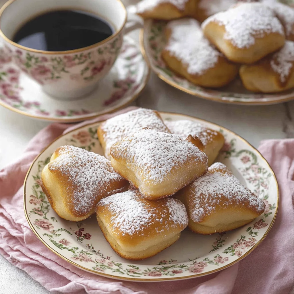 Powdered sugar beignets served on vintage floral plates with a cup of black coffee.
