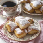 Powdered sugar beignets served on vintage floral plates with a cup of black coffee.