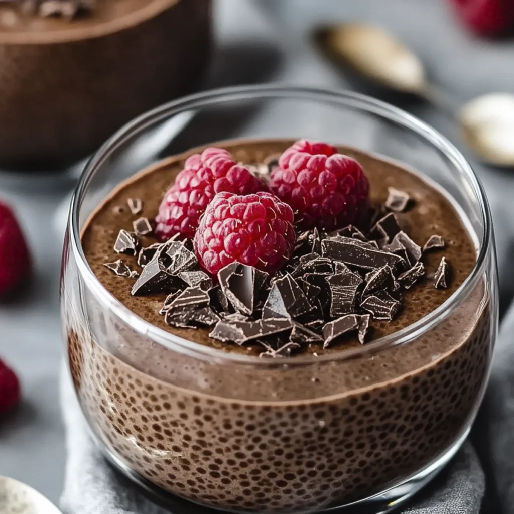 Chocolate chia pudding in glass cups topped with chia seeds, raspberries, and chocolate chunks