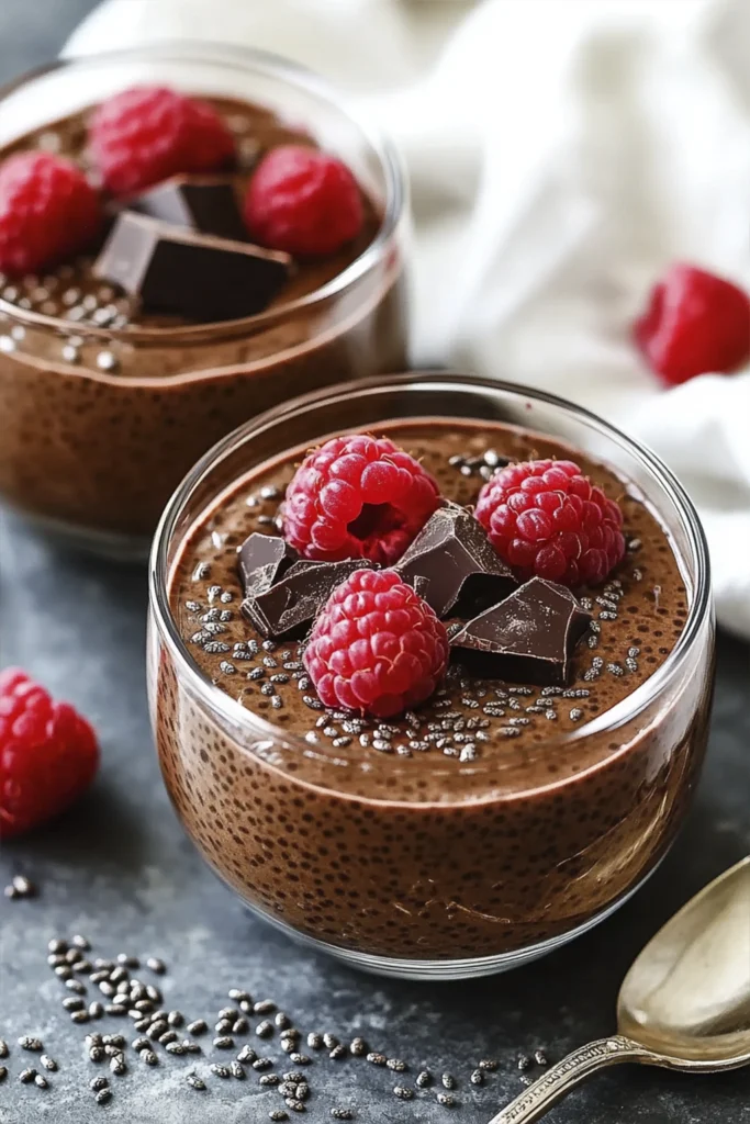 Chocolate chia pudding in glass jars topped with raspberries and dark chocolate