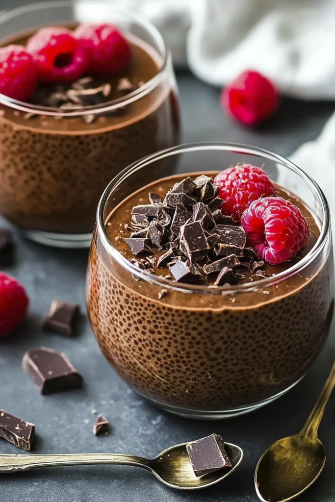 Glass of chocolate chia pudding topped with dark chocolate shavings and raspberries