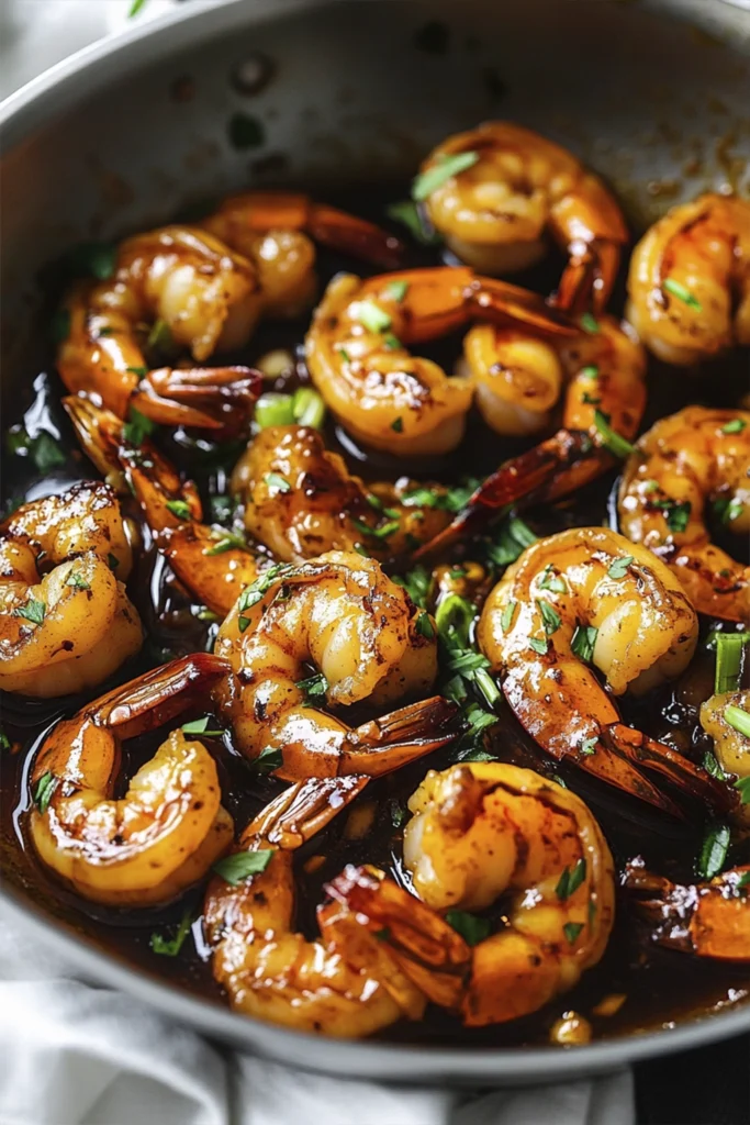 Close-up of honey garlic glazed shrimp cooking in a skillet with green onion garnish.