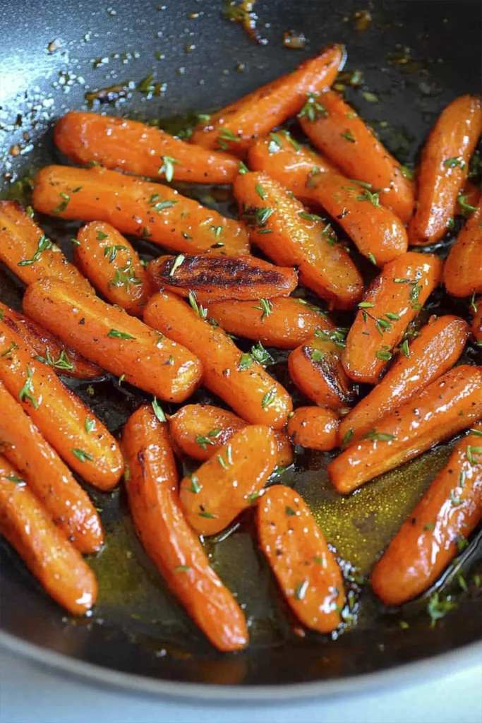 Glazed roasted baby carrots with herbs in a skillet.
