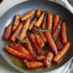 Close-up of honey glazed roasted baby carrots with thyme in a skillet.