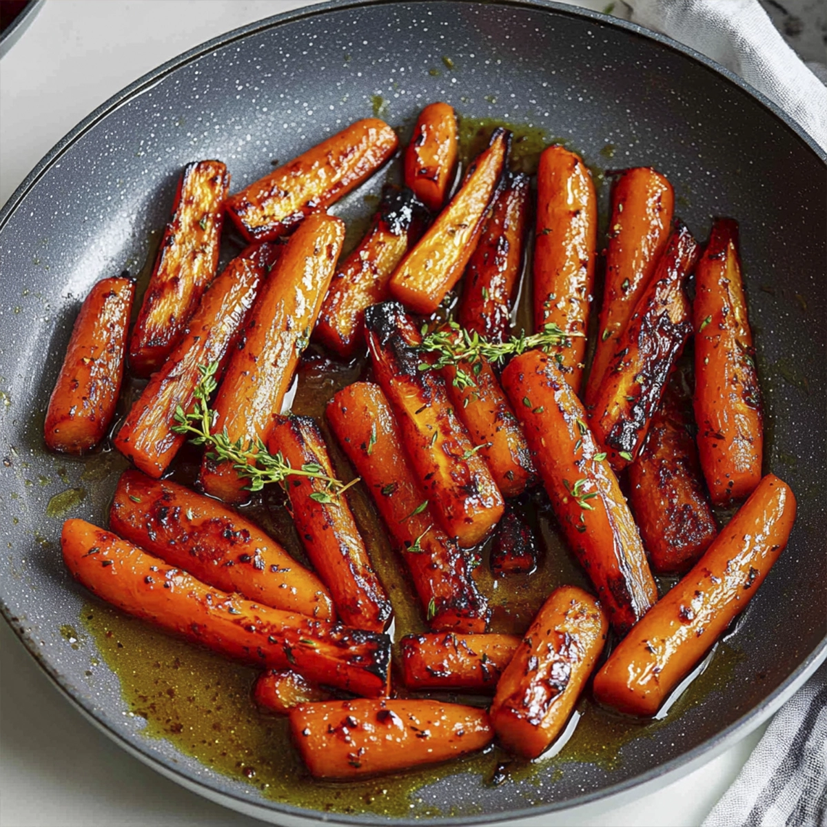 Close-up of honey glazed roasted baby carrots with thyme in a skillet.