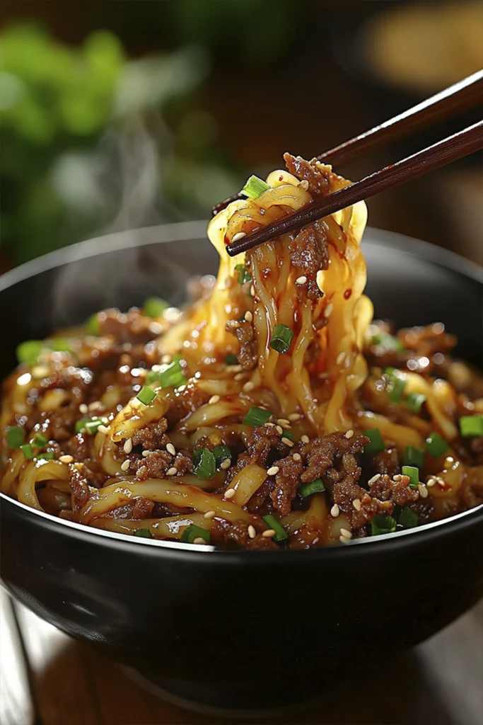 Close-up of spicy minced beef noodles in a black bowl with chopsticks lifting glossy noodles, garnished with green onions and sesame seeds.