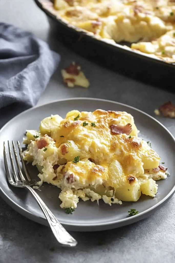 Cheesy potato casserole slice with melted cheddar and crispy bacon served on a gray plate.