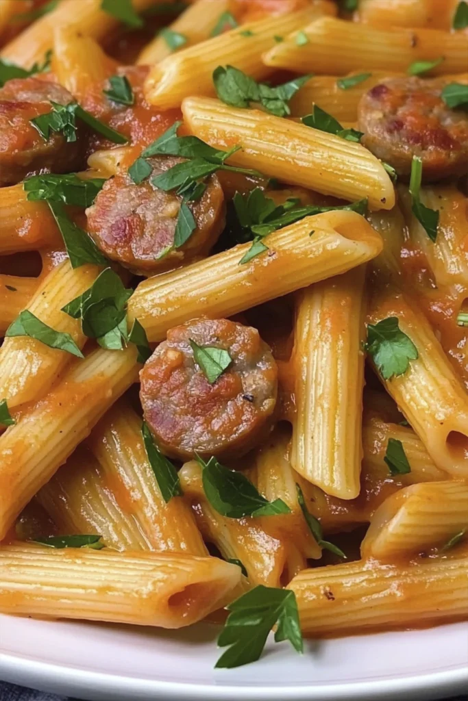 Creamy sausage penne pasta in tomato cream sauce topped with fresh parsley.
