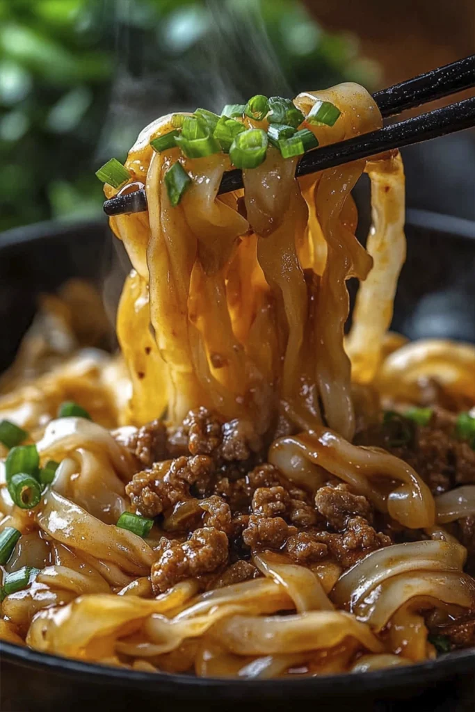 Extreme close-up of spicy minced beef noodles coated in glossy chili oil sauce, lifted with chopsticks and topped with green onions.