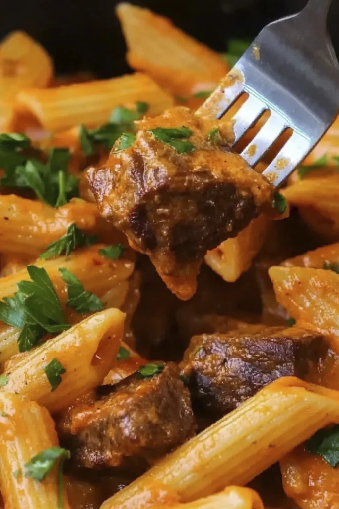 Creamy spicy penne pasta with steak bites and melted mozzarella cheese on a fork.