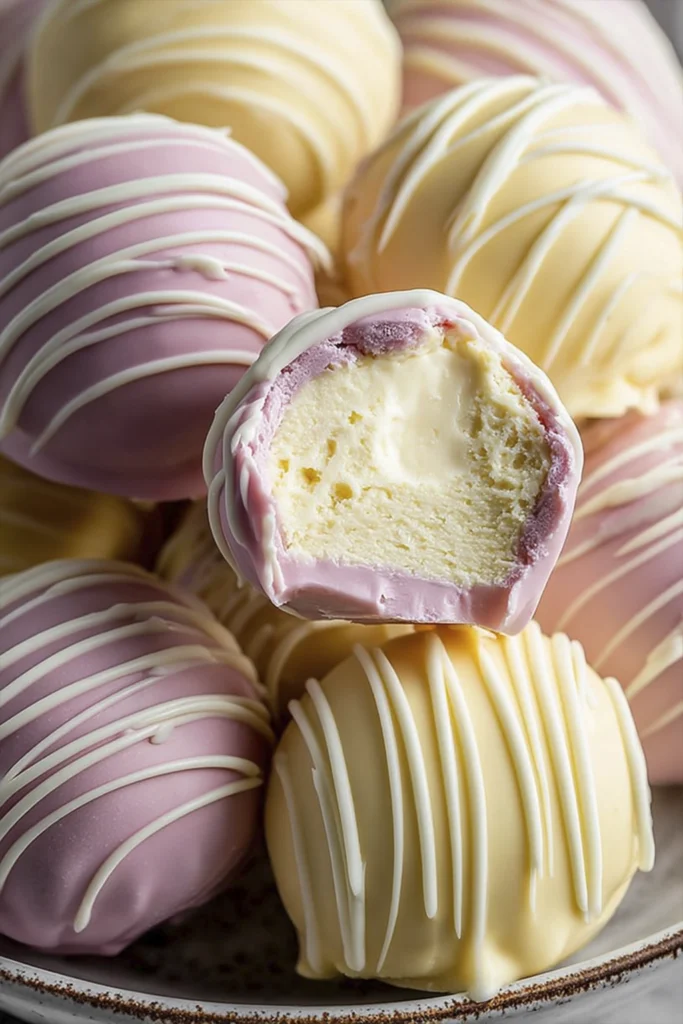 Close-up of pastel chocolate cheesecake truffles with pink and yellow coating and creamy cheesecake filling inside.