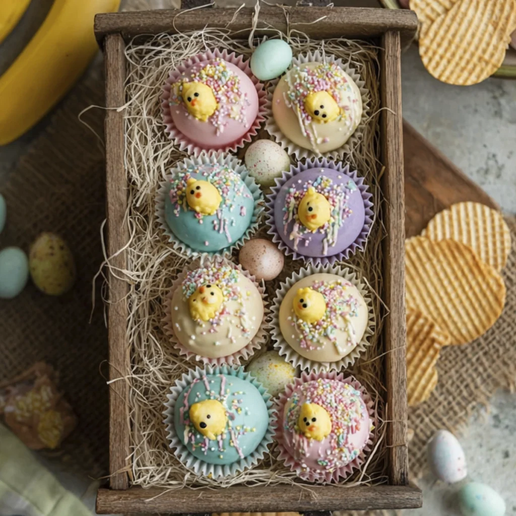 Pastel Easter chocolate truffles decorated with sprinkles and chick candies arranged in cupcake liners inside a rustic wooden tray with mini candy eggs.