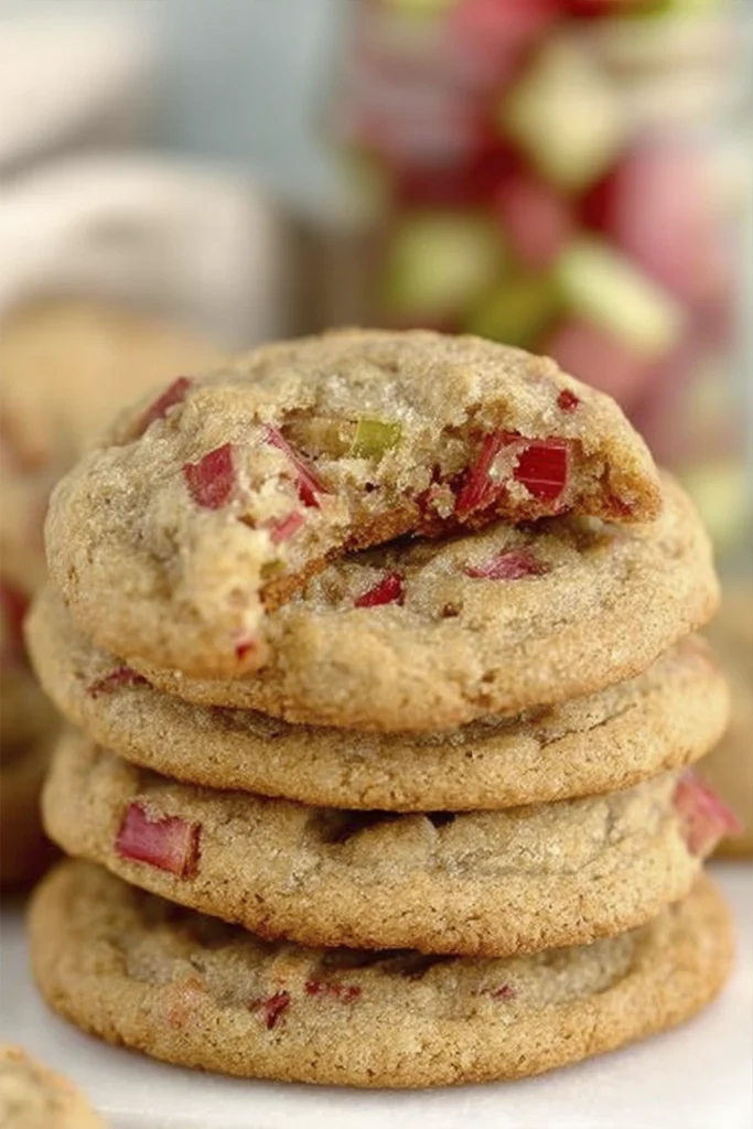 Close-up of homemade rhubarb crumble with golden oat streusel topping and bubbling rhubarb filling in a baking dish.