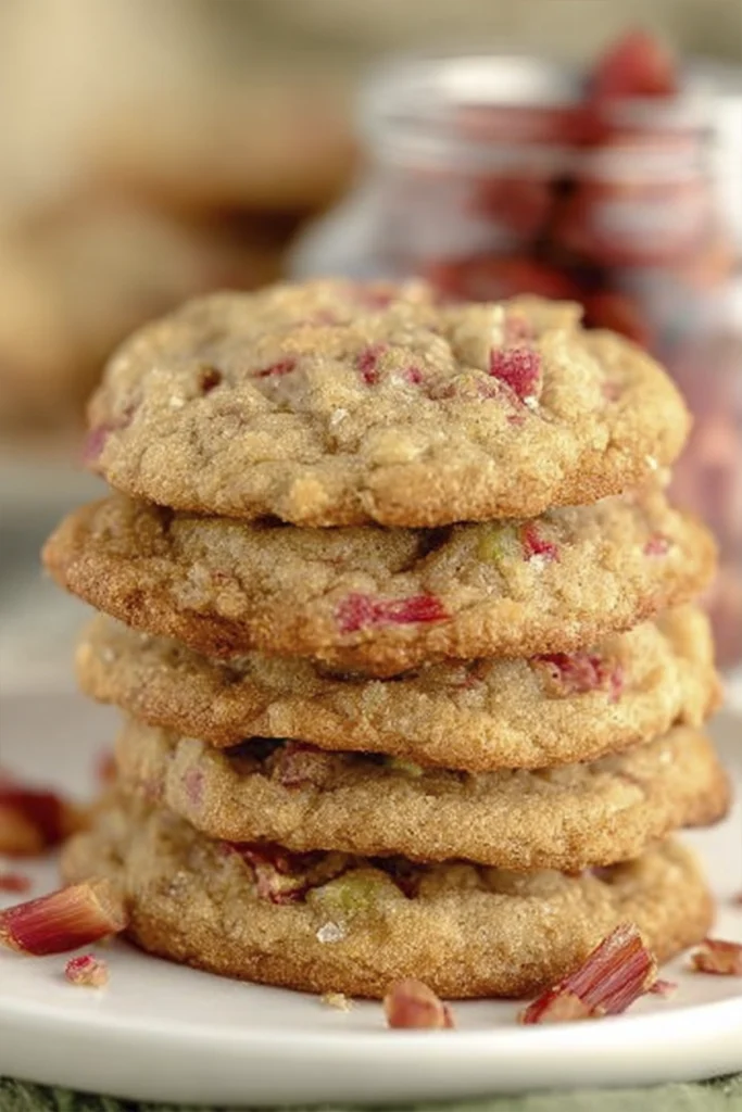 Stack of soft rhubarb cookies with visible pink rhubarb pieces on a white plate.