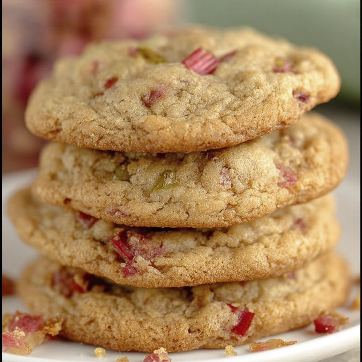 Stack of soft homemade rhubarb cookies with visible pink rhubarb pieces on a white plate.
