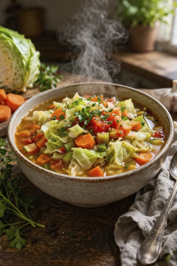 Steaming bowl of cabbage vegetable soup with carrots, celery, and herbs served fresh for a healthy meal