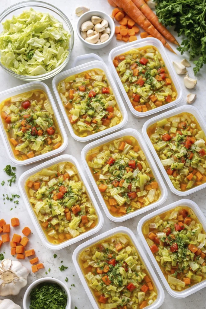 Cabbage soup meal prep in containers with chopped vegetables and herbs for healthy weekly planning