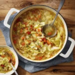 Homemade cabbage soup with carrots, celery, and herbs cooking in a pot for a healthy weight loss meal