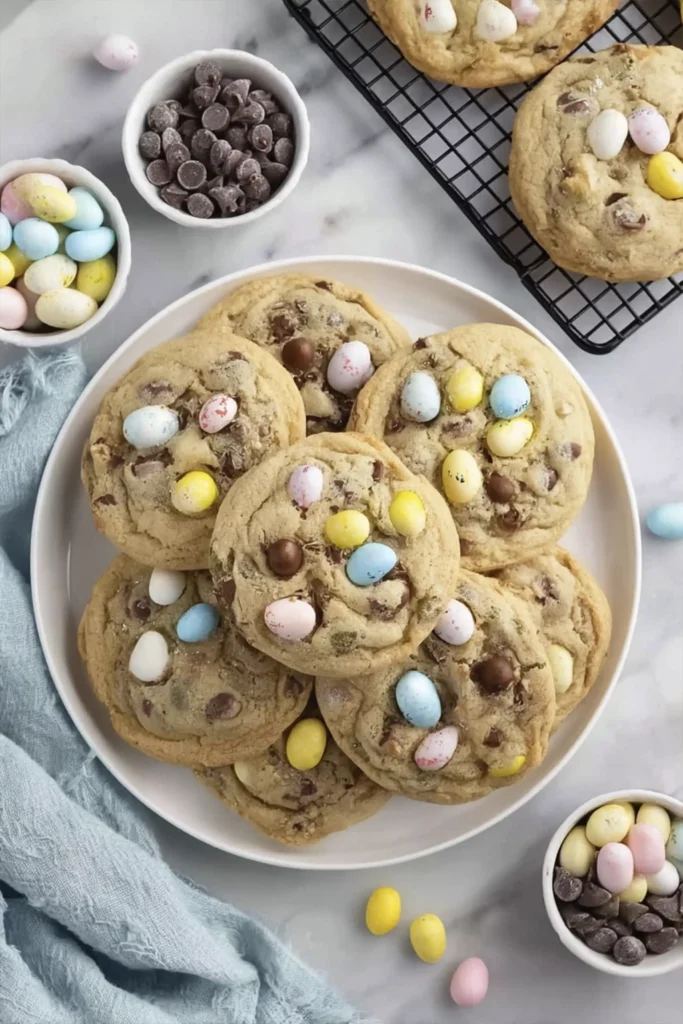 Plate of Easter chocolate chip cookies with pastel mini egg candies on a marble table.