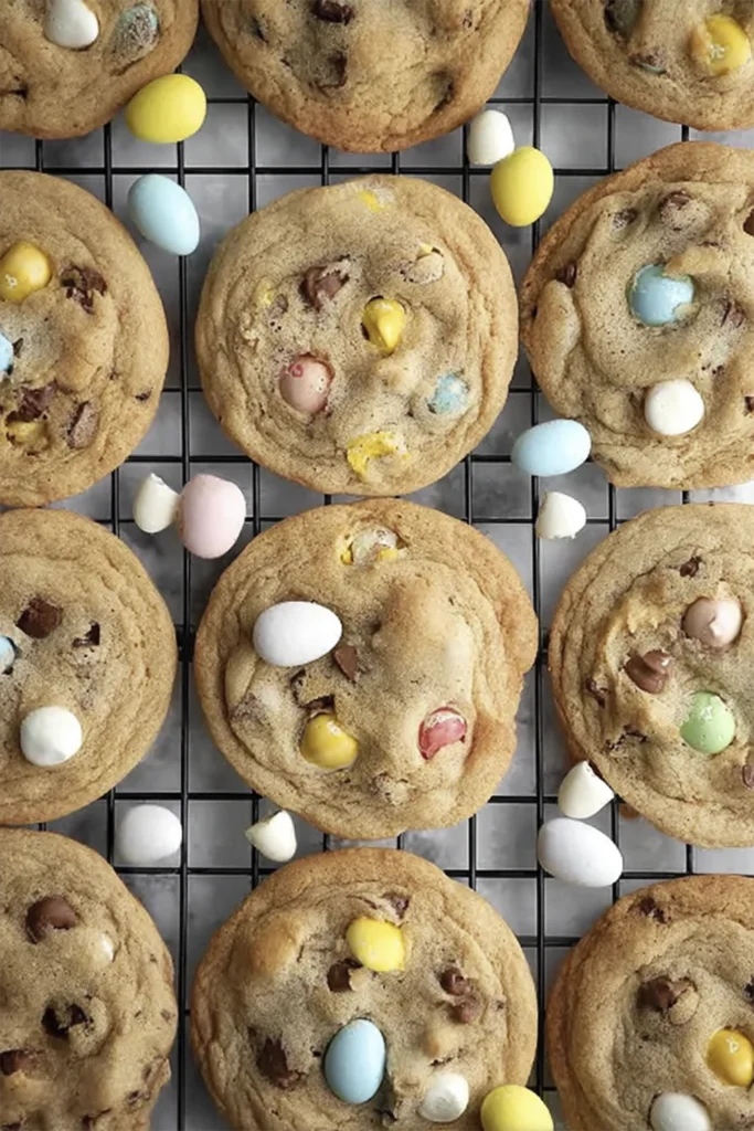 Easter chocolate chip cookies with pastel candy eggs on a cooling rack.
