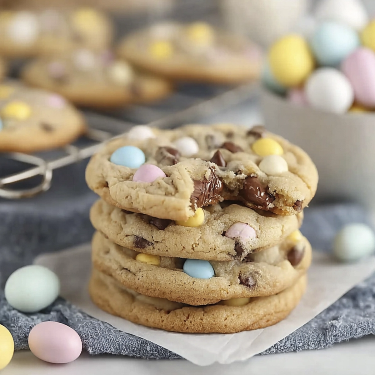 Stack of soft chocolate chip cookies with pastel mini eggs and chocolate chips on parchment paper.