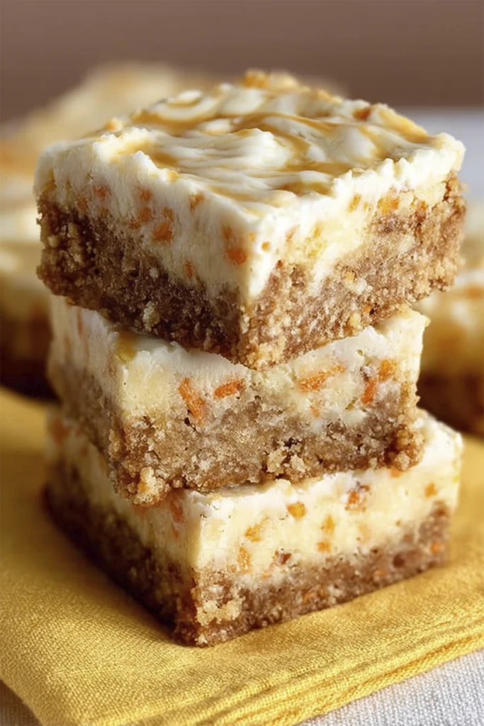 Carrot cake cheesecake bars stacked on a yellow napkin showing creamy cheesecake layer and spiced carrot cake base.