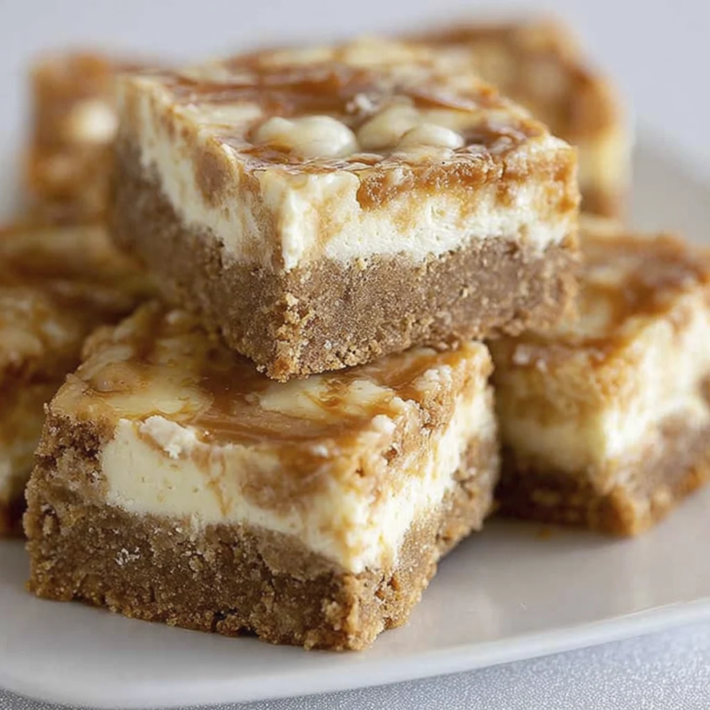 Creamy layered dessert bars with spiced cookie crust and vanilla cheesecake topping stacked on a white plate.