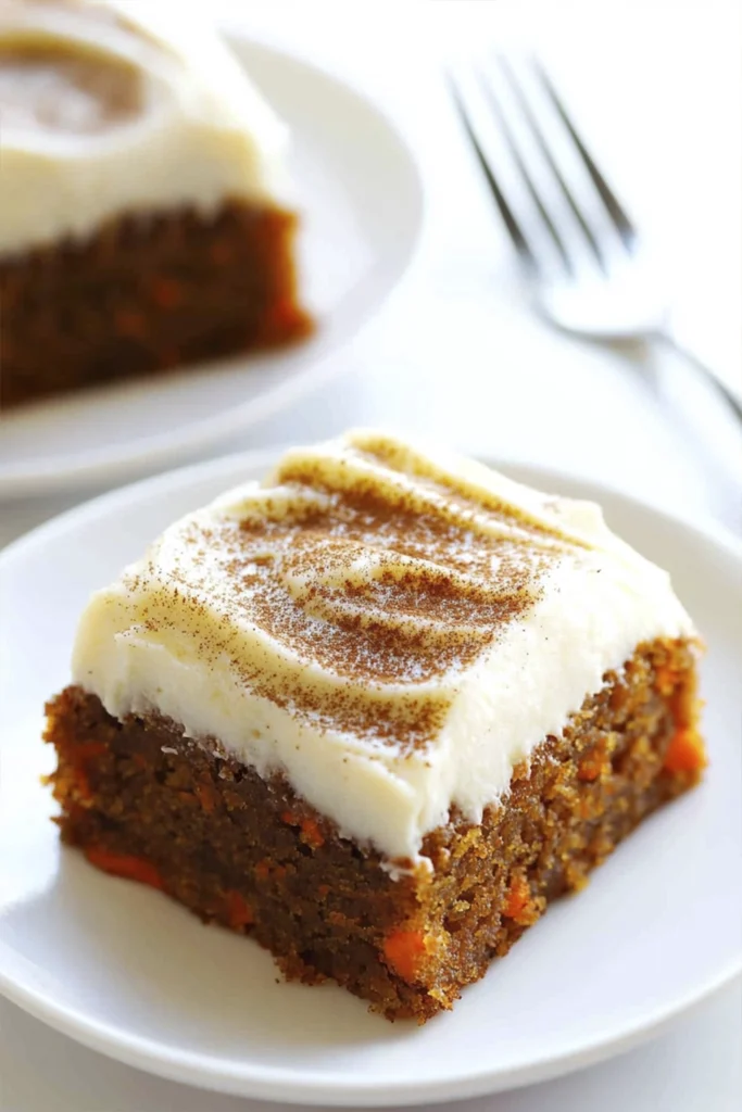 Moist carrot cake slice with cream cheese frosting served on a white plate with a fork.