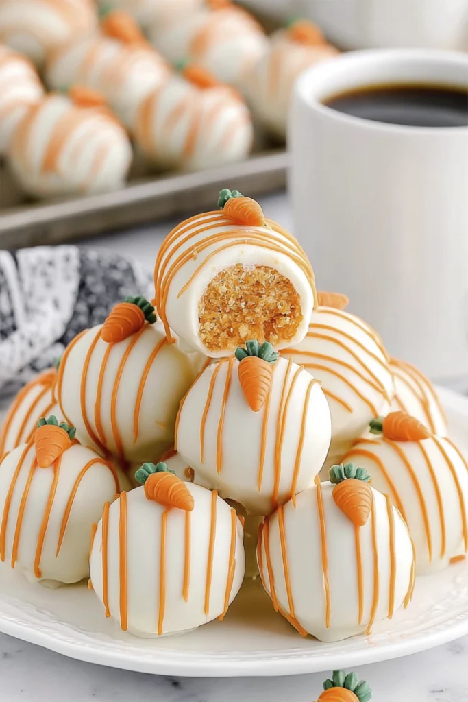 White chocolate coated carrot cake truffles with orange drizzle and a soft carrot cake center displayed on a white plate.