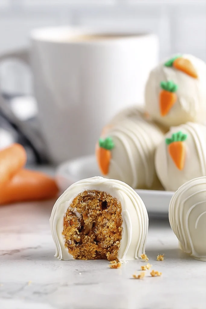 White chocolate carrot cake truffle cut in half showing moist carrot cake filling with carrot decoration.