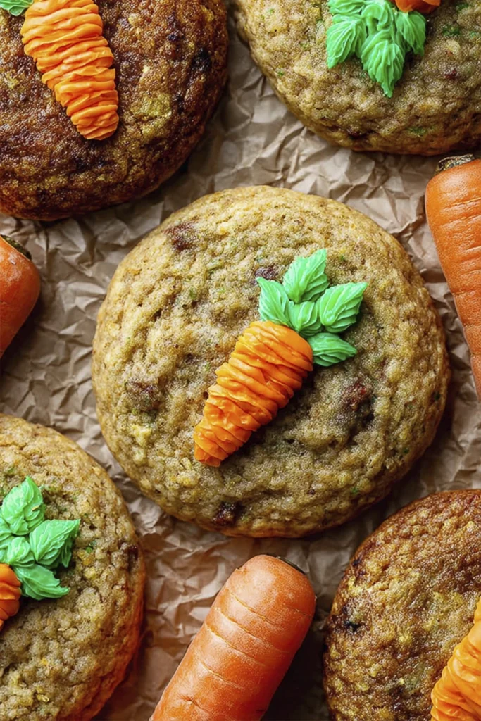 Carrot cake cookies decorated with carrot-shaped icing and fresh carrots on parchment paper.