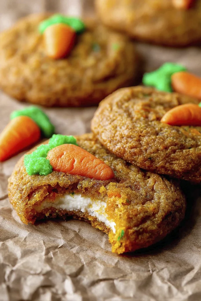 Soft carrot cake cookie with cream cheese filling and carrot icing decoration on parchment paper.