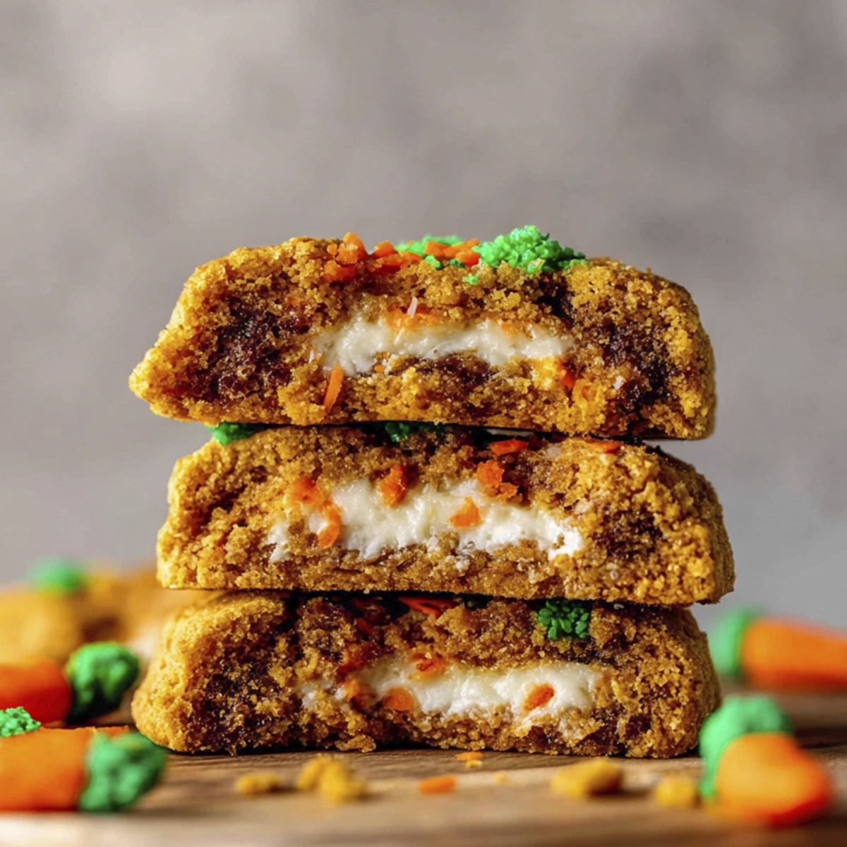 Stack of carrot cake stuffed cookies with creamy cheesecake filling on a wooden board with visible carrot pieces and frosting.