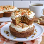 Stacked carrot cake mini bundt cakes with cream cheese frosting, chopped walnuts, and orange sprinkles on a white plate.