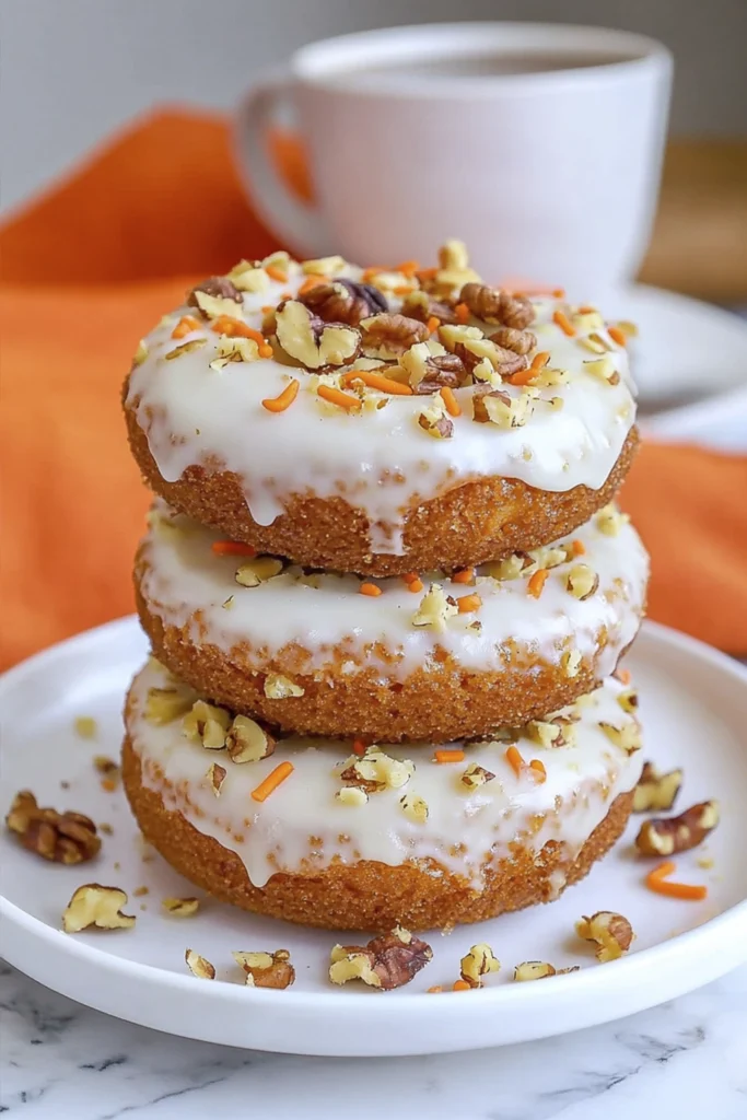 Stacked carrot cake donuts topped with white glaze, chopped walnuts, and orange sprinkles on a white plate.