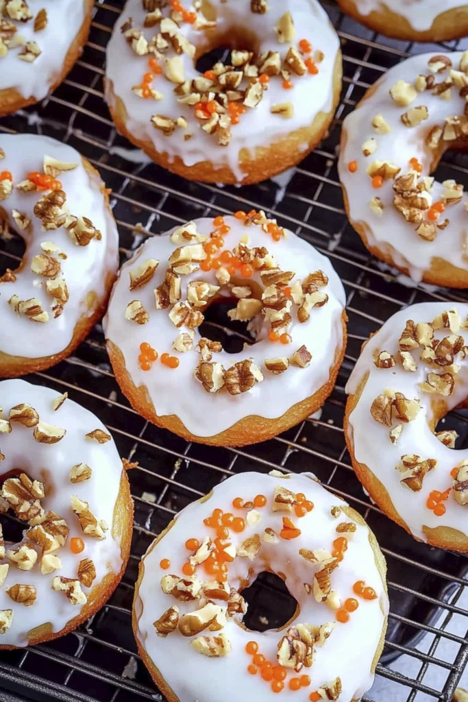 Overhead view of cake donuts with white glaze, chopped walnuts, and orange sprinkles cooling on a metal rack.