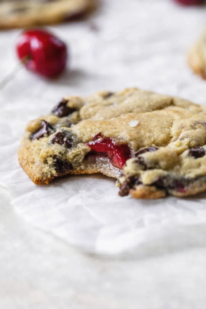 Homemade cherry chocolate chip cookies with gooey centers and melted chocolate on white parchment paper