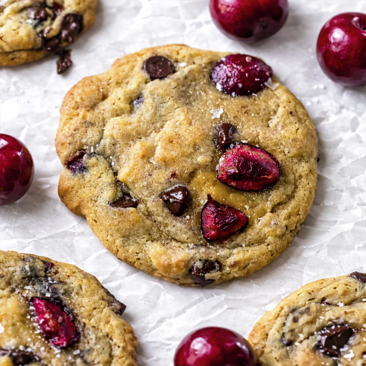 Close-up of soft cherry chocolate chip cookies with melted chocolate chunks and fresh cherries on parchment paper.