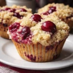Close-up of cherry streusel muffins with crumb topping and juicy red cherries on a white plate.
