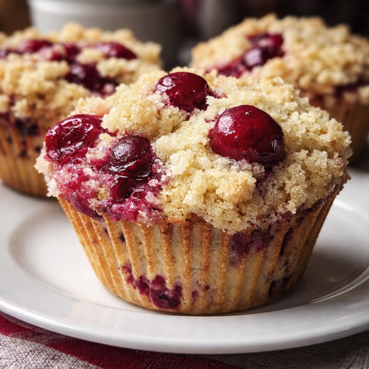 Close-up of cherry streusel muffins with crumb topping and juicy red cherries on a white plate.