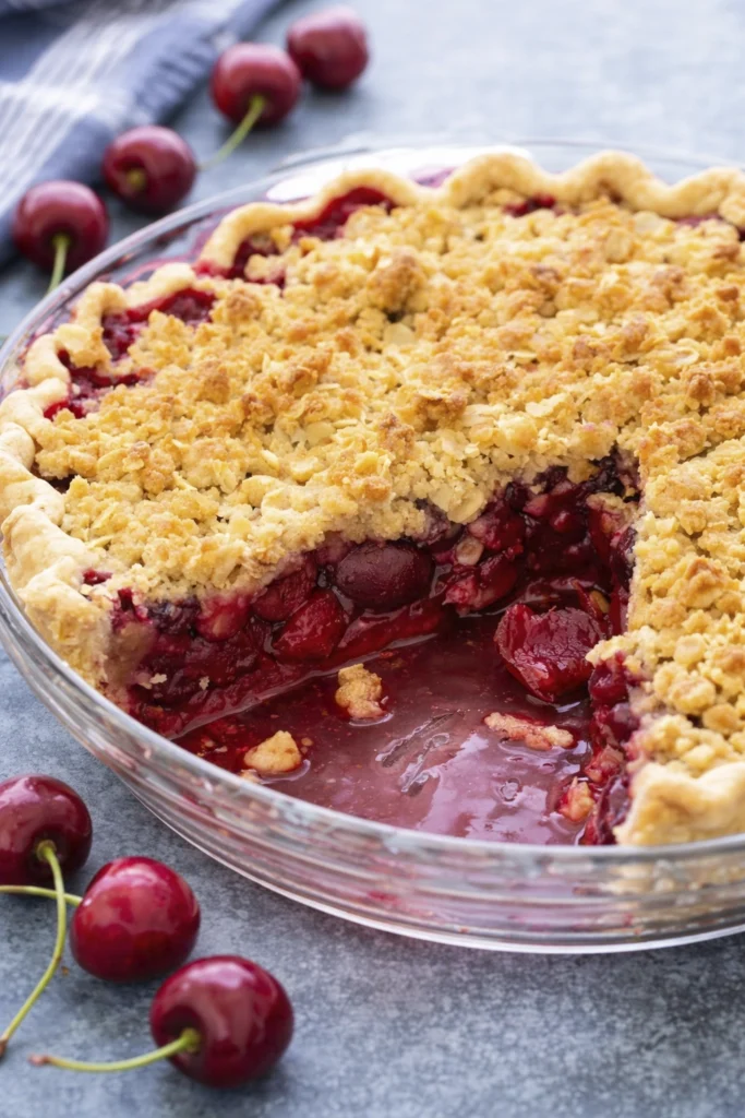 Close-up of a homemade cherry crumble pie with golden oat streusel topping and juicy cherry filling in a glass pie dish.