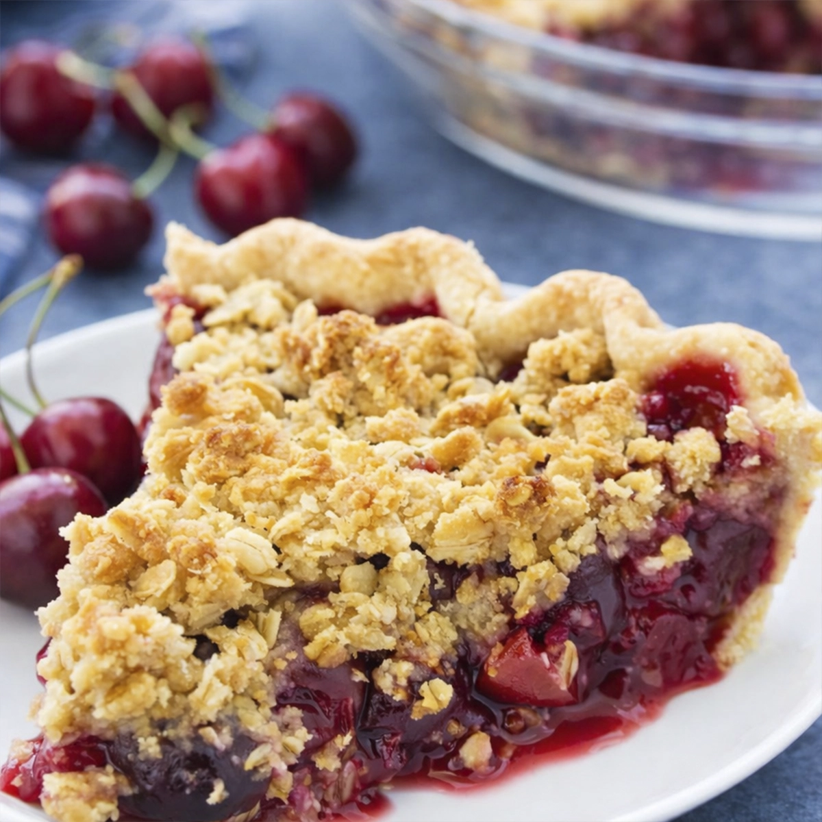 Close-up of a slice of cherry crumble pie with juicy cherry filling, buttery oat topping, and flaky crust on a white plate.
