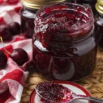 Close-up of homemade cherry jam in a mason jar with a spoonful of thick cherry preserves on a rustic wooden surface.