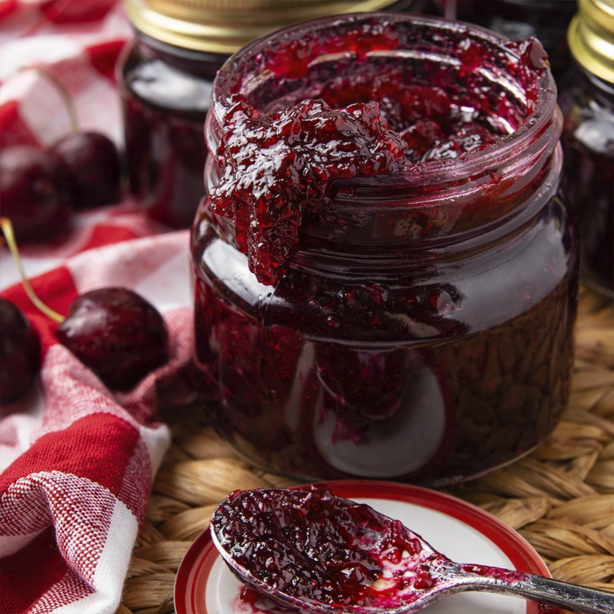 Close-up of homemade cherry jam in a mason jar with a spoonful of thick cherry preserves on a rustic wooden surface.
