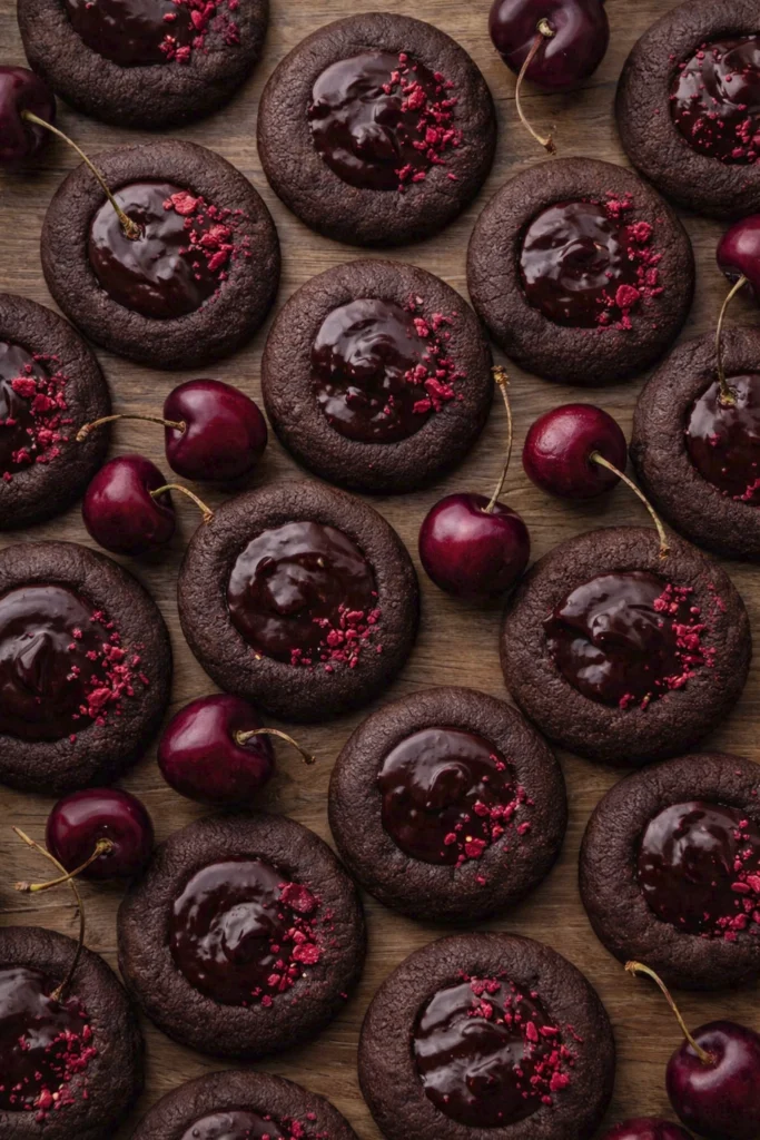 Dark chocolate cherry thumbprint cookies with glossy ganache centers and fresh cherries arranged on a rustic wooden background.