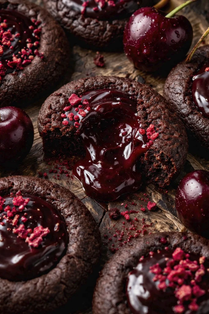 Dark chocolate cherry lava cookies with glossy molten ganache centers on a rustic wooden table, surrounded by fresh cherries.