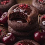 Dark chocolate thumbprint cookies filled with glossy chocolate ganache and topped with crushed raspberry pieces, styled with fresh cherries in a close-up dessert scene.
