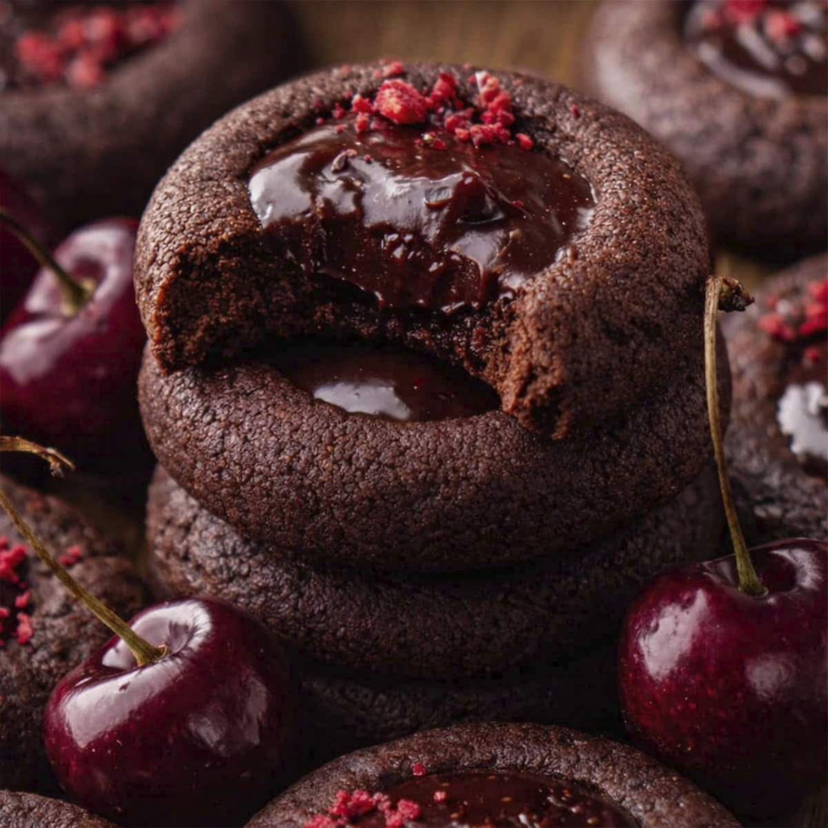 Dark chocolate thumbprint cookies filled with glossy chocolate ganache and topped with crushed raspberry pieces, styled with fresh cherries in a close-up dessert scene.