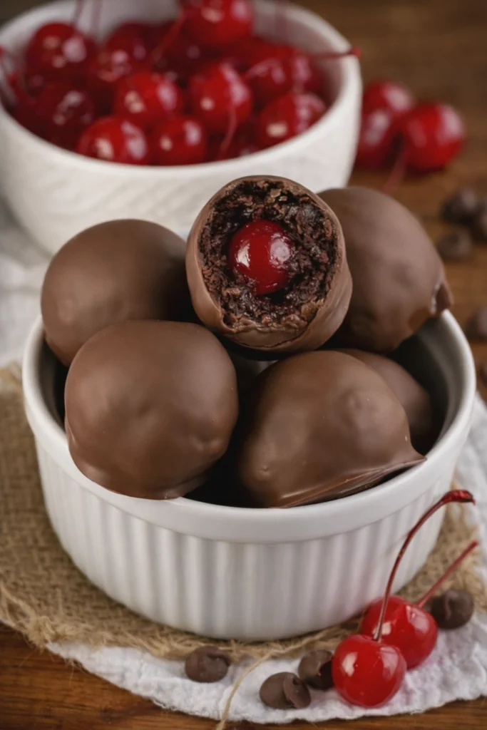 Chocolate-covered cherry truffles in a white ramekin with one truffle cut open to reveal a red cherry center and chocolate filling.